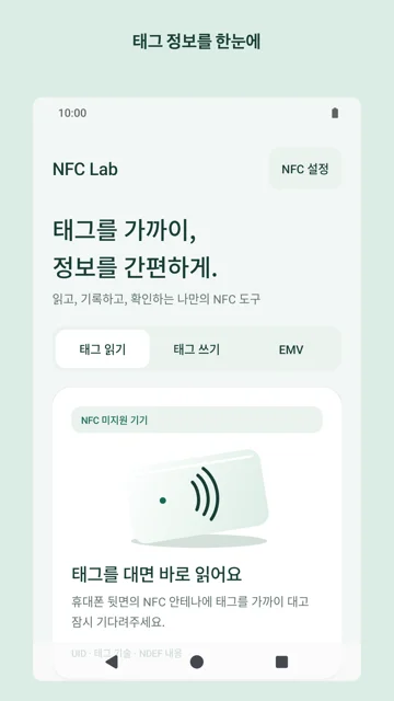 NFC Lab 실제 읽기 화면: 읽기·쓰기·EMV 모드와 태그 결과 영역